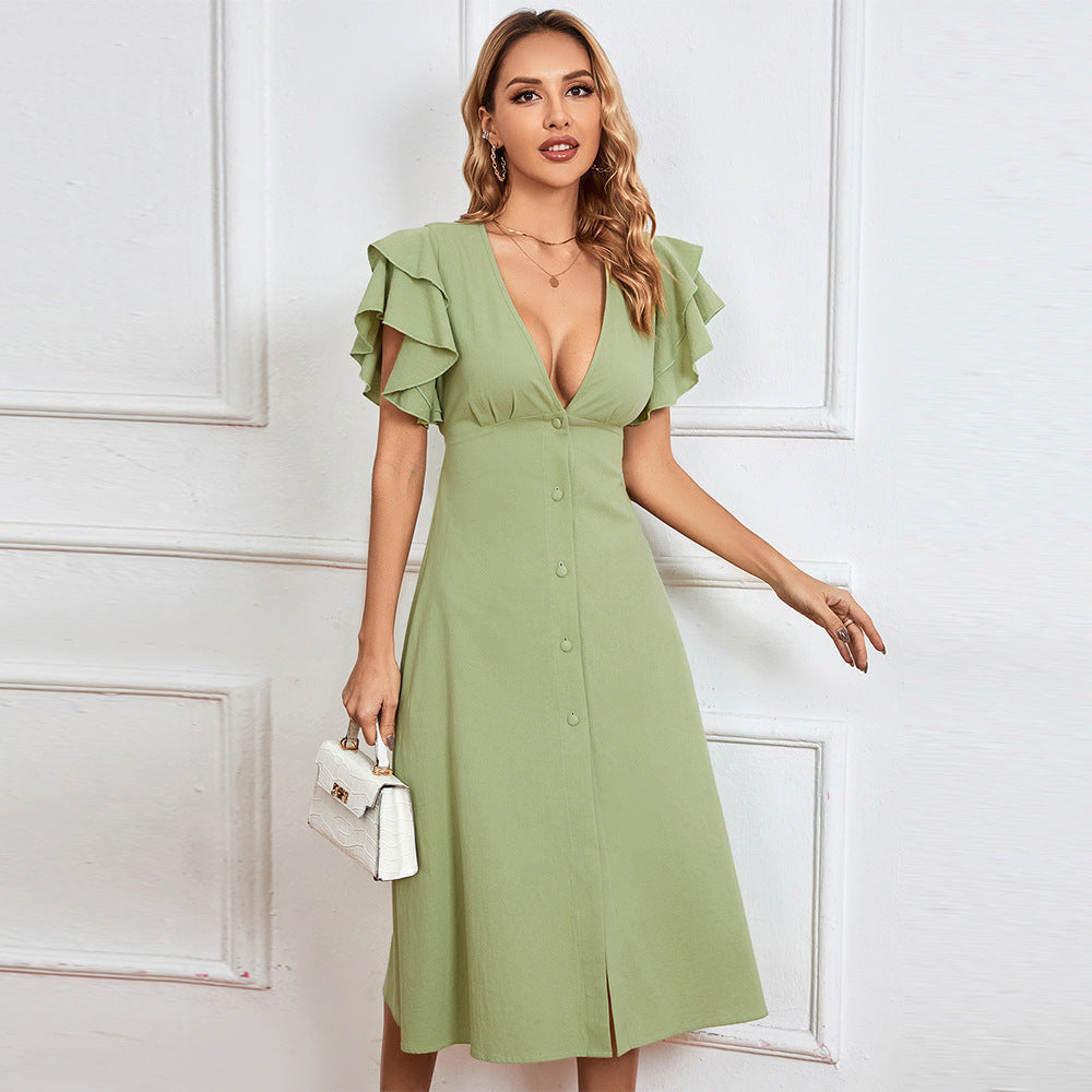 Women's midi dress with voluminous ruffle details and deep V-neck, size