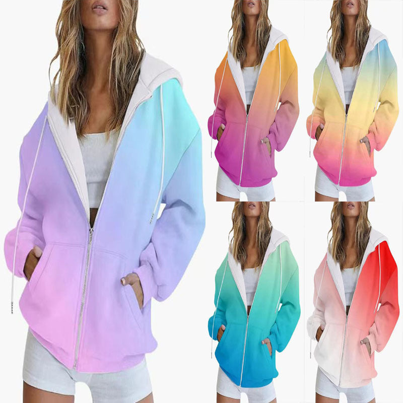 Women's oversized hooded jacket with color gradient and practical pockets, size