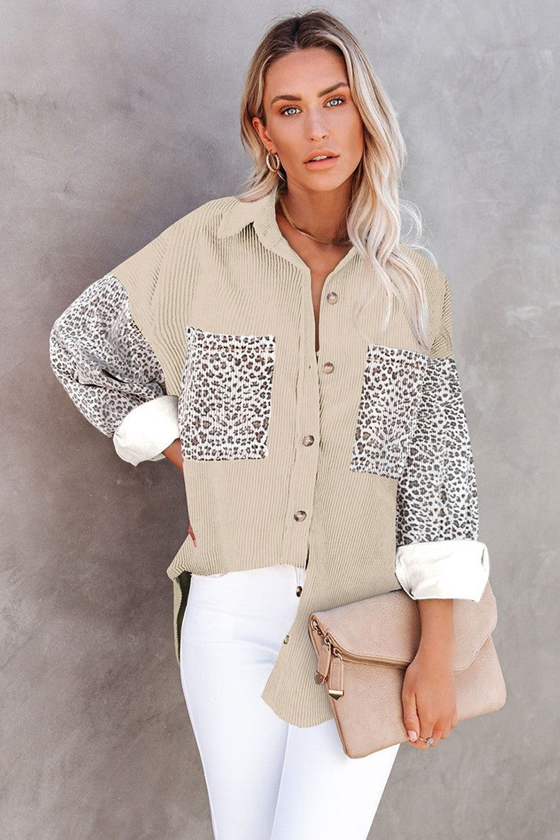 Women's trendy corduroy jacket with leopard details, size