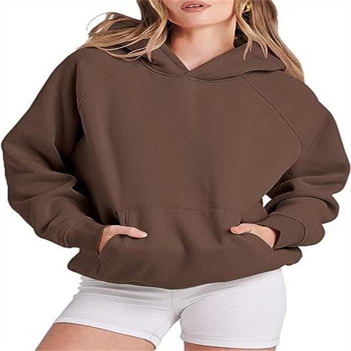 Damen lässiger Kapuzenpullover mit hohem Kragen und praktischen Taschen GR