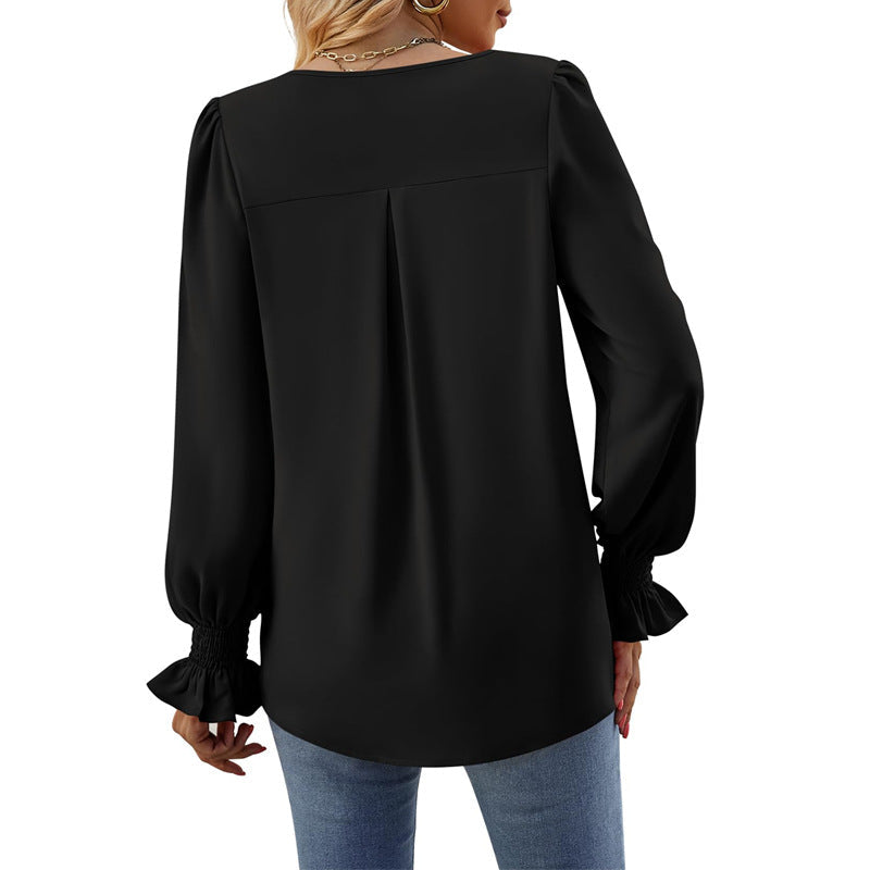 GR | Solid color V-neck top with puff sleeves and long sleeves