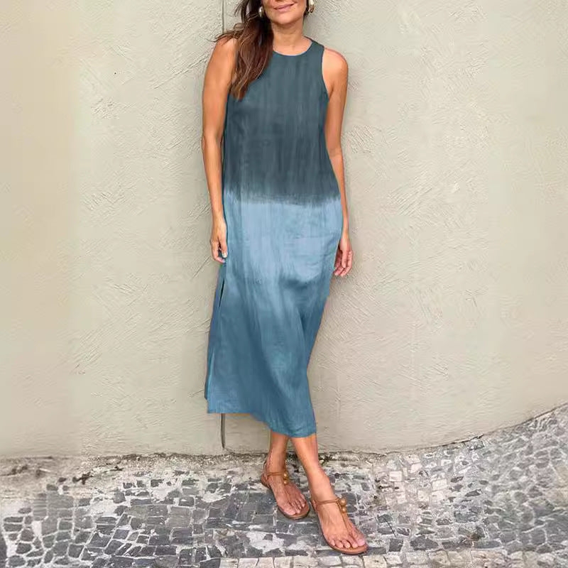 GR | Baumwolle Leinen Ärmelloses Schlitz Gradient Kleid