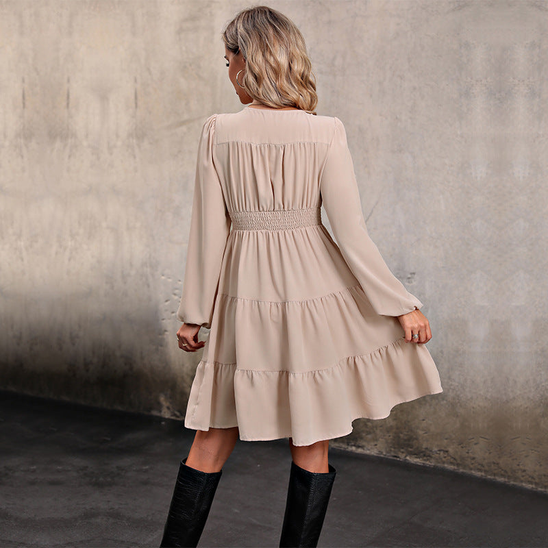 Damen knielanges Hemdkleid mit elegantem V-Ausschnitt und Rüschensaum GR