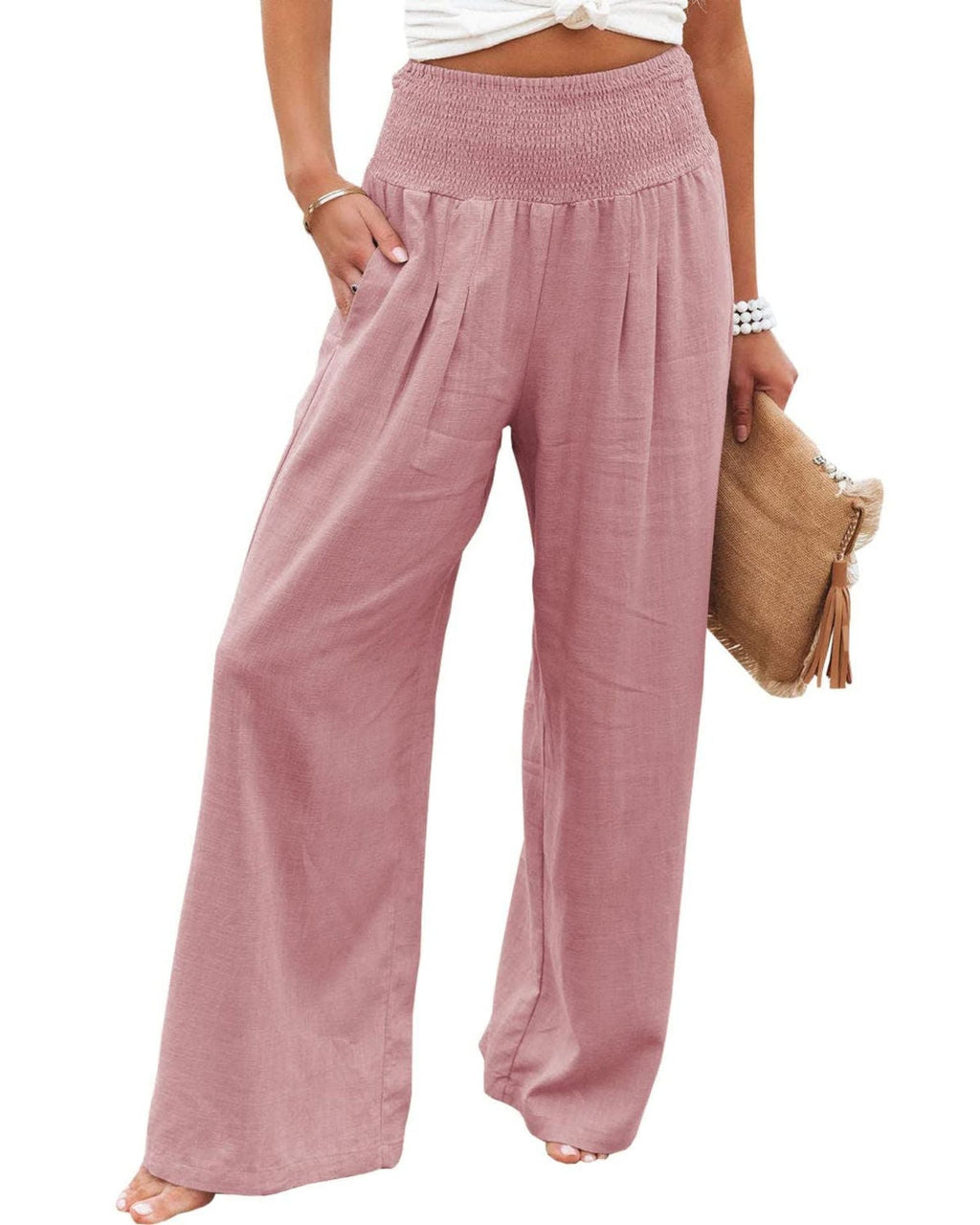 Damen Weite Leinenhose mit elastischem Bund und Falten GR