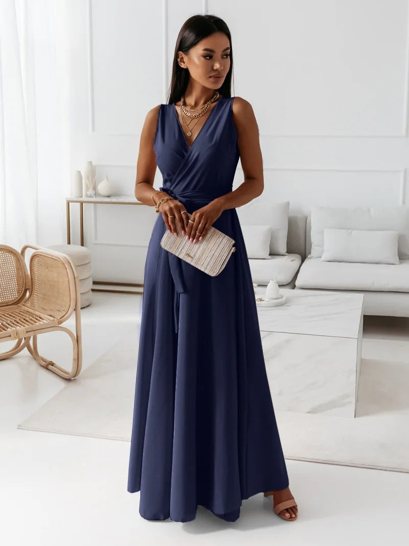 GR | Women's Solid Color V-Neck Long Dress