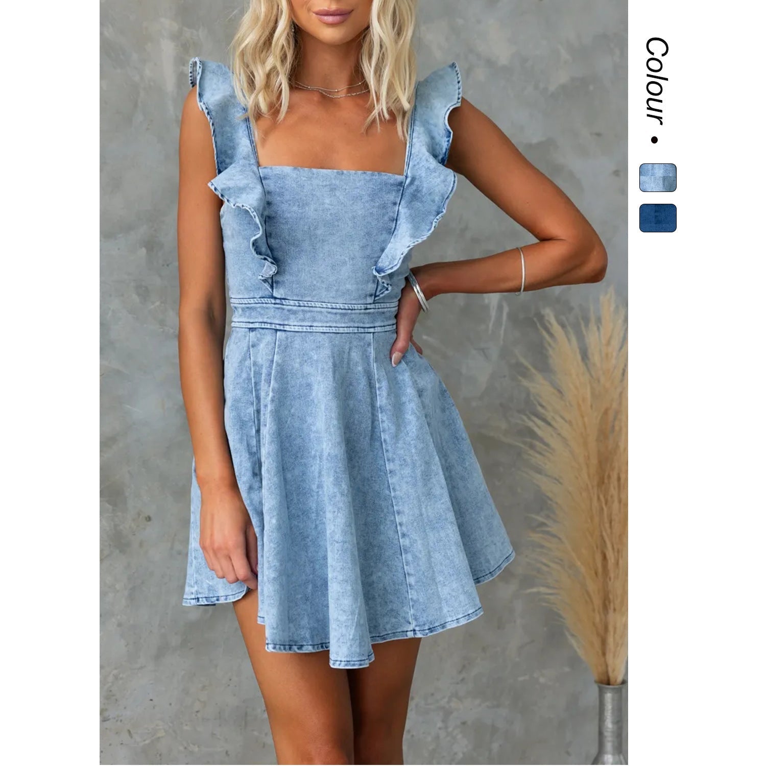 Women's denim dress with ruffle details and feminine silhouette, size S