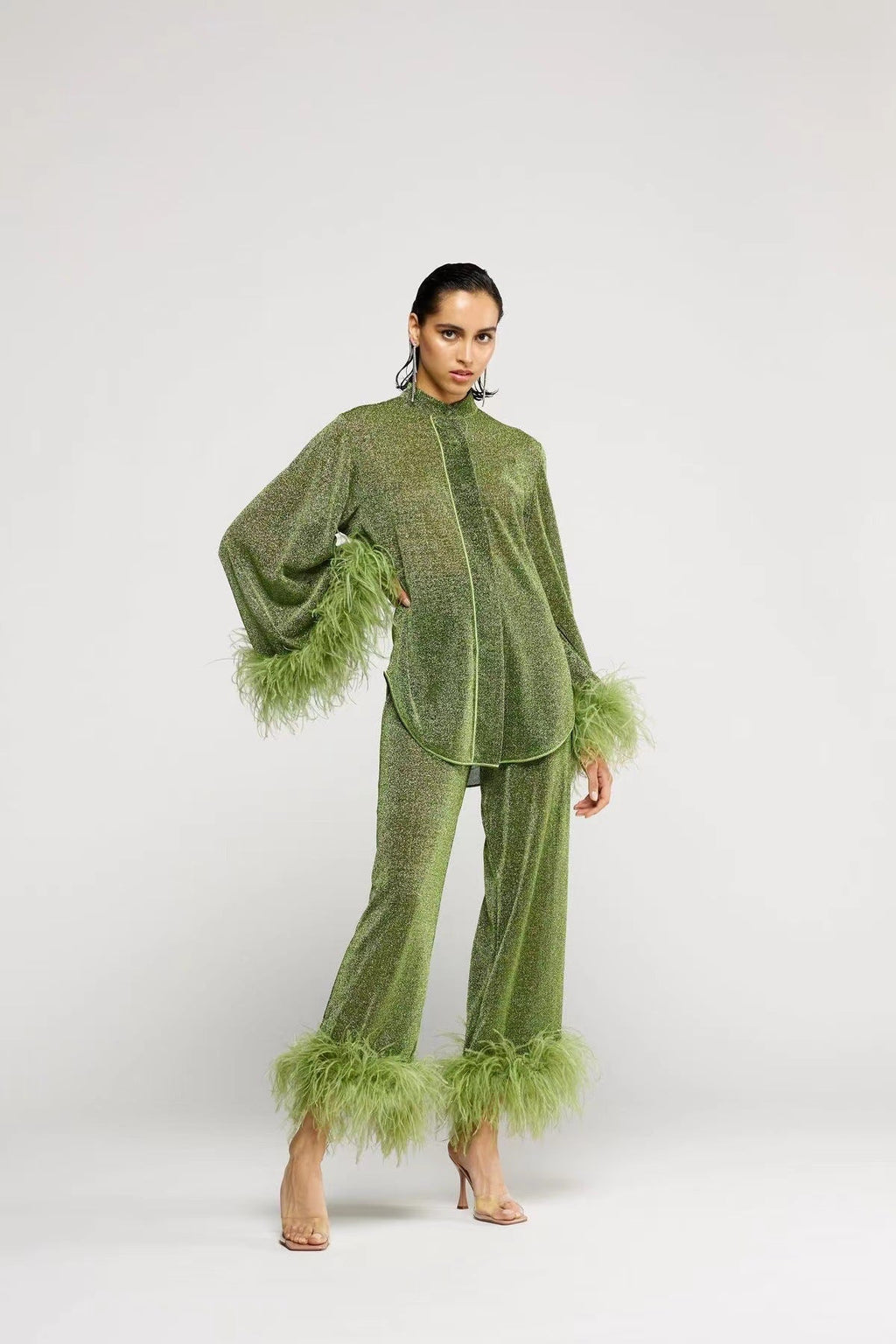 GR | Autumn Winter Feather Stand-up Collar Long Sleeve Top and Trousers Set 