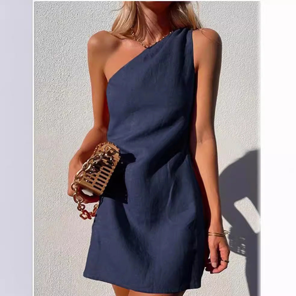 GR | Einfarbiges Slim Fit One-Shoulder Pendelkleid
