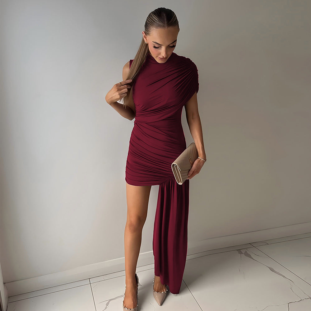 Women's figure-hugging mini dress with asymmetrical draping, size