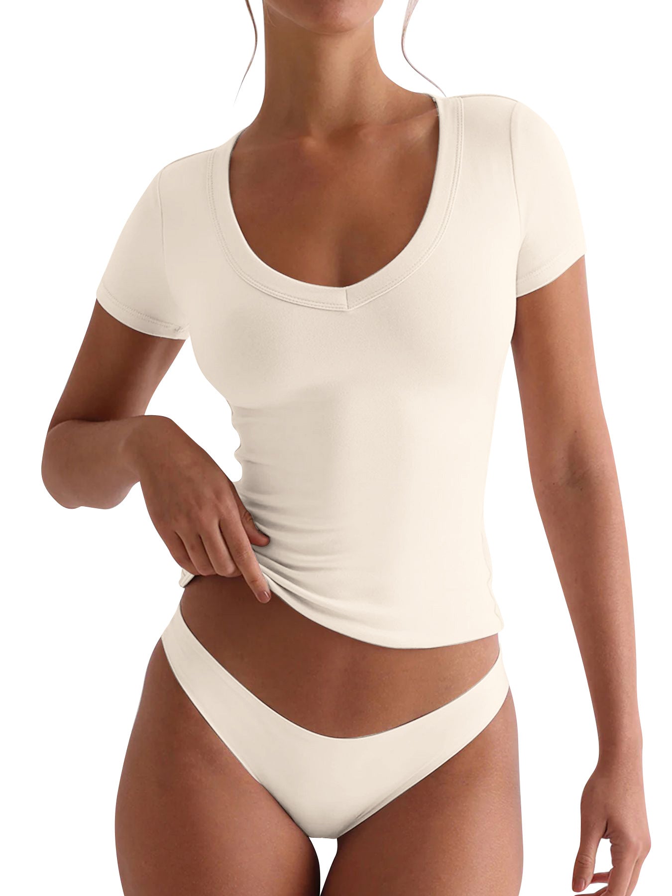 Damen figurbetontes V-Neck T-Shirt mit kurzen Ärmeln GR