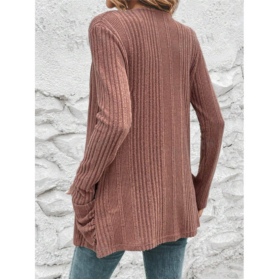 Women's fine knit cardigan with deep V-neck and practical pockets, size
