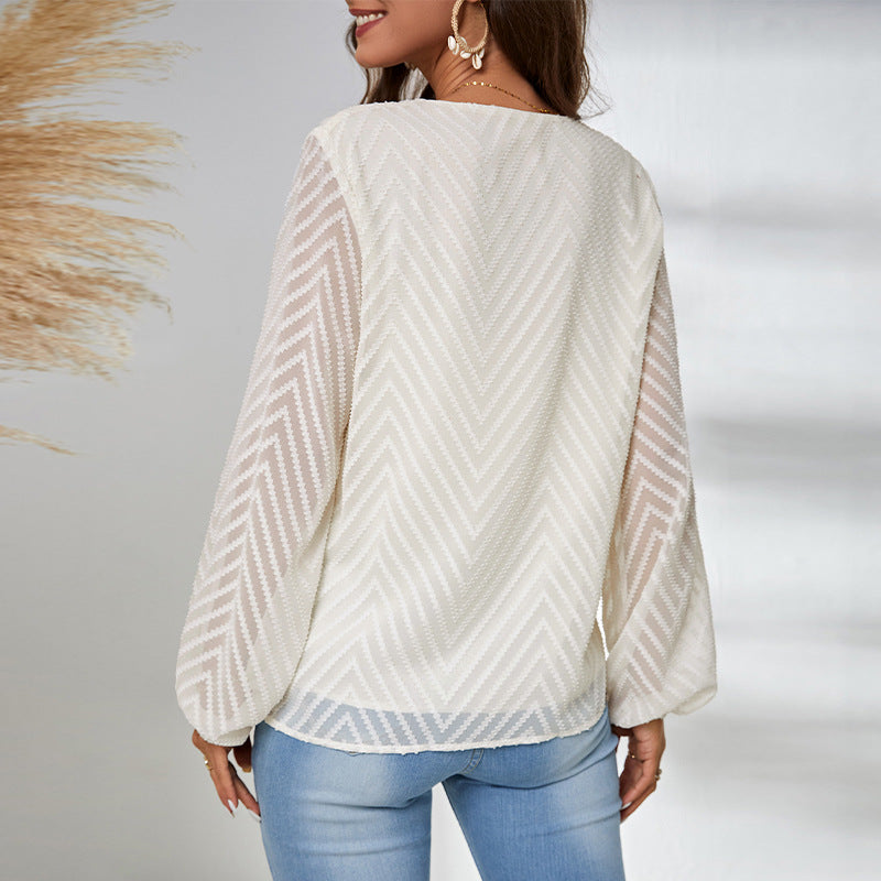 Women's blouse with elegant V-neck and transparent sleeve appliqués, size S