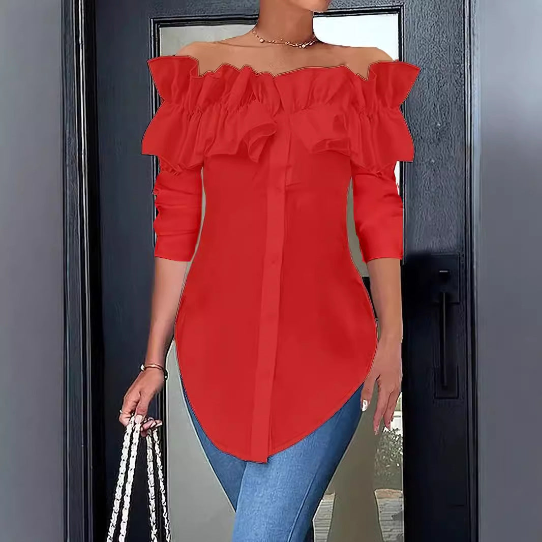 Women's blouse with off-the-shoulder design and voluminous ruffle details, size [size missing]