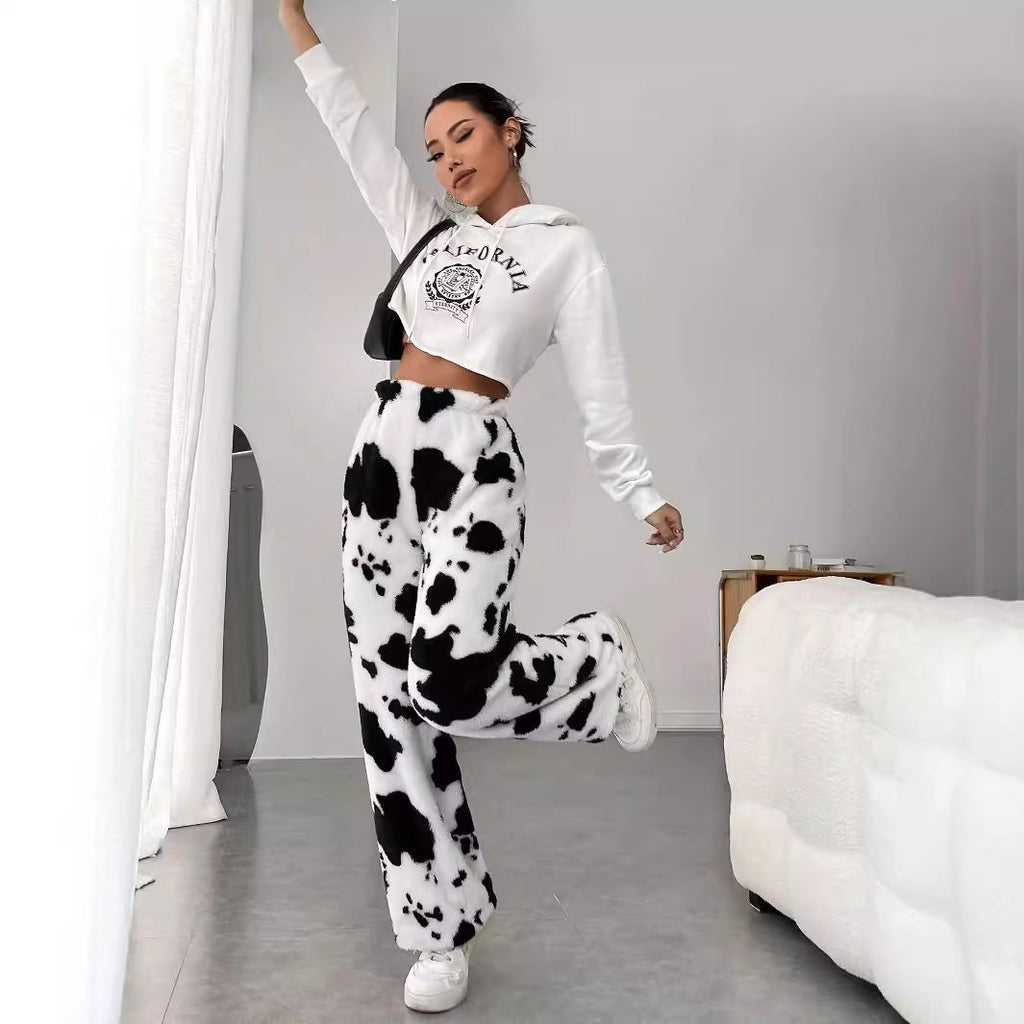 Damen Fleece-Hose im trendigen Kuhmuster GR
