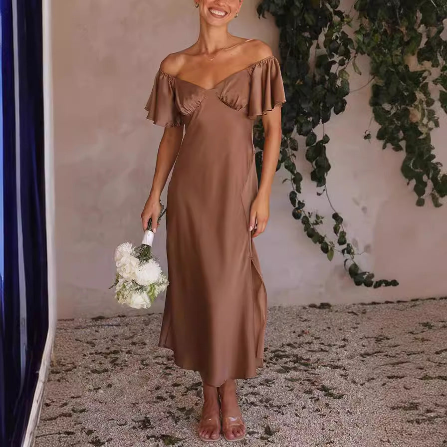 Women's off-the-shoulder midi dress with voluminous sleeves and elegant accents, size GR