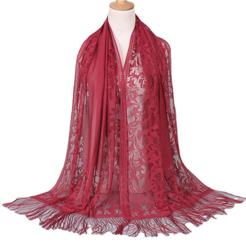 Women's long lace scarf with fringed edges, size