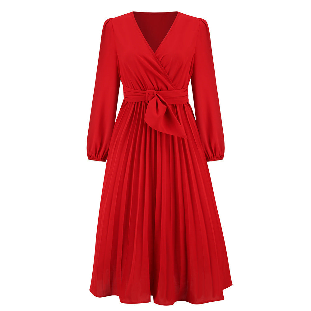 Women's wrap dress with pleated design and elegant waist belt, size