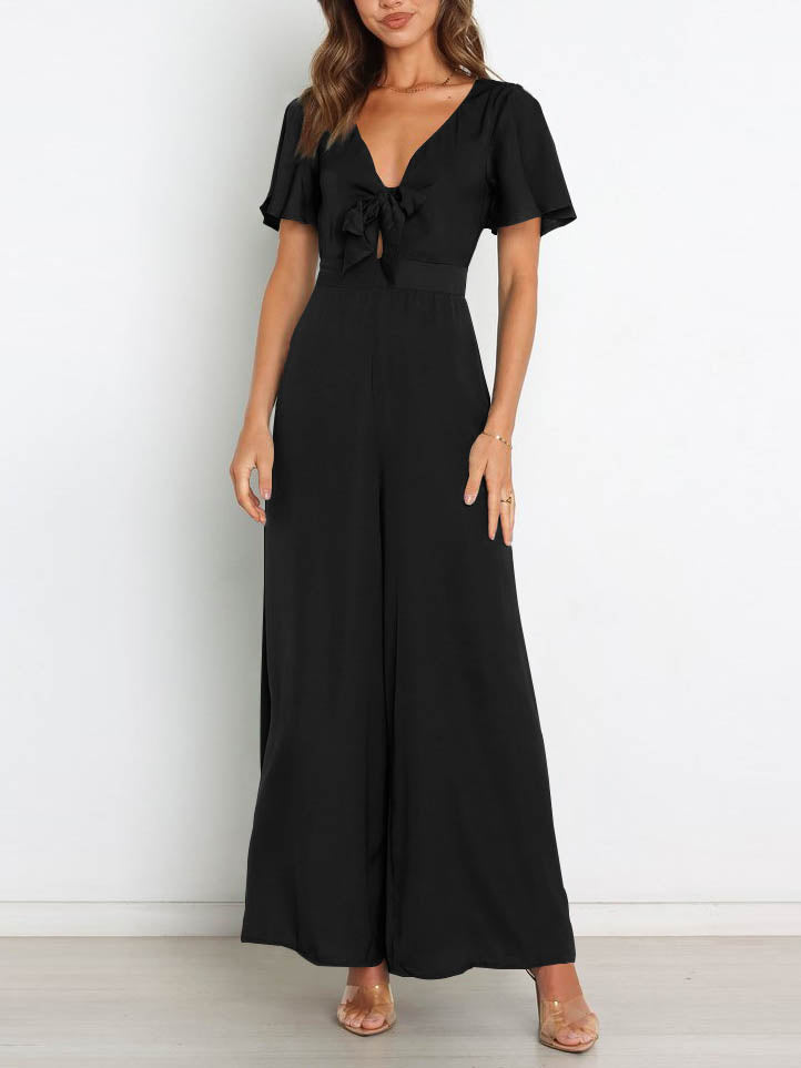 GR | Short-sleeved wide-leg casual V-neck jumpsuit