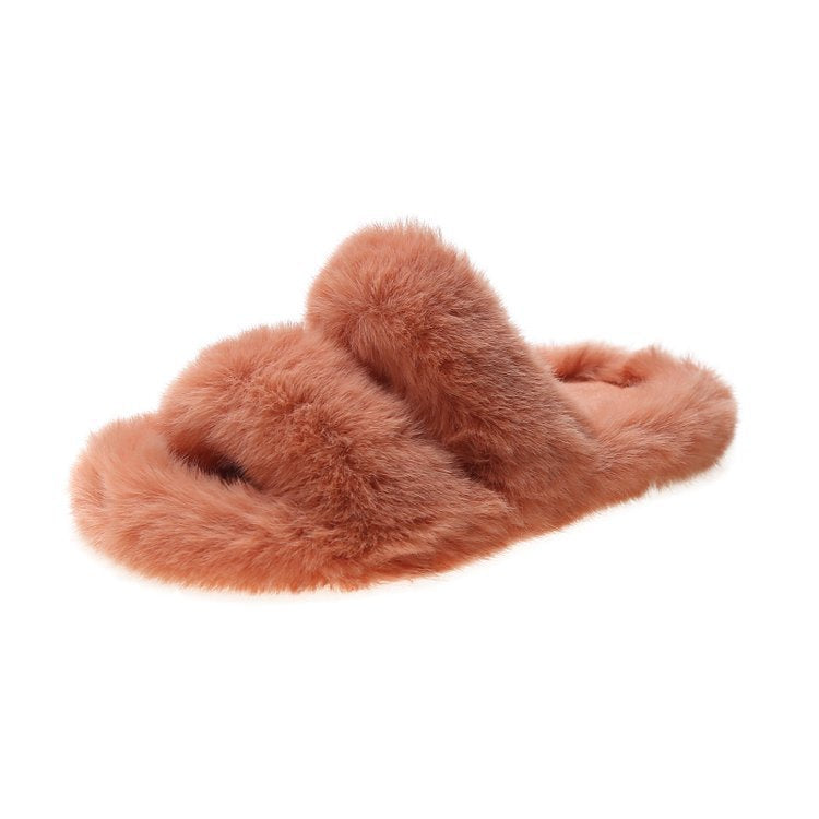 Women's Fluffy Slippers with Double Straps and Soft Lining, Size