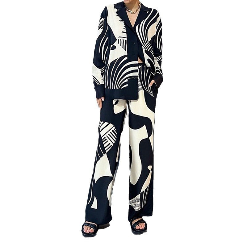 Women's elegant lounge set with an artsy motif and a wide cut, size S