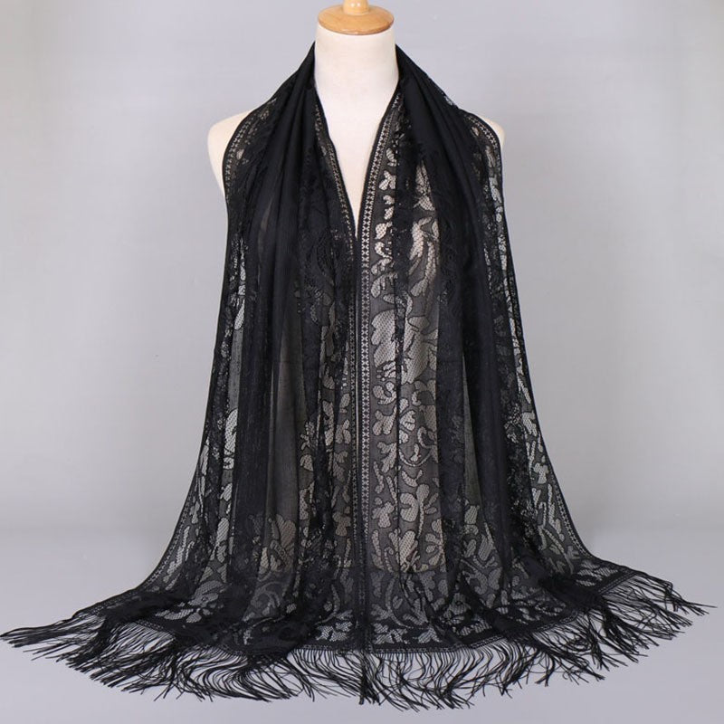 Women's long lace scarf with fringed edges, size