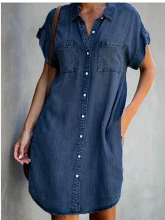 Women's denim shirt dress with two patch pockets and button placket, size