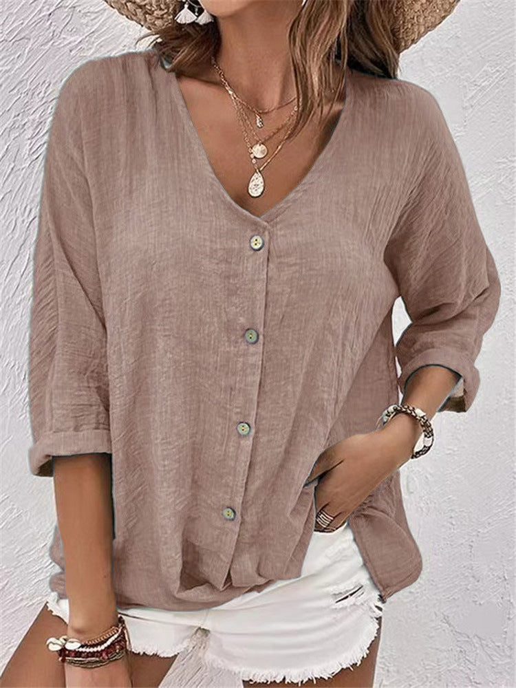 Damen lässige Bluse mit Knopfleiste und V-Ausschnitt GR