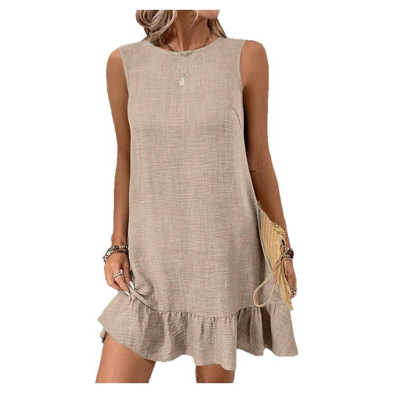 Women's sleeveless dress with ruffled hem and relaxed fit, size