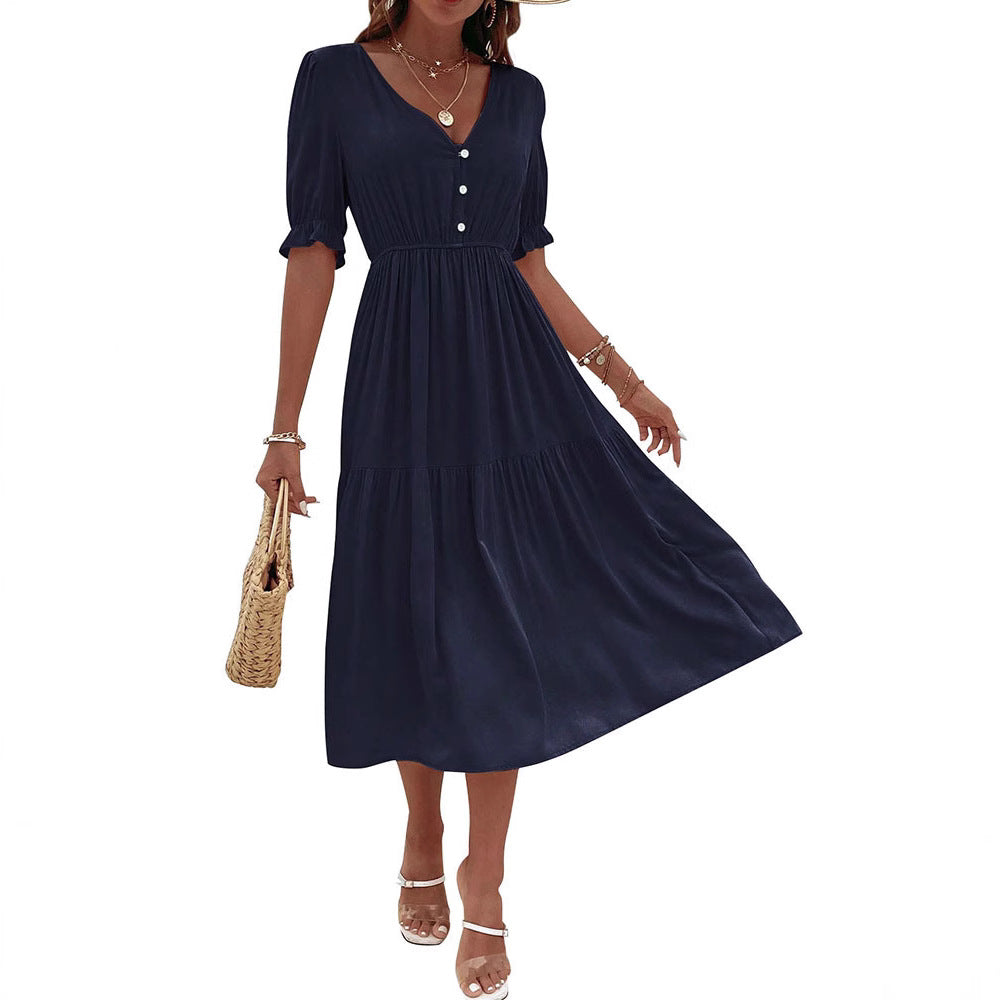Women's midi dress with buttoned V-neck and airy puff sleeves, size
