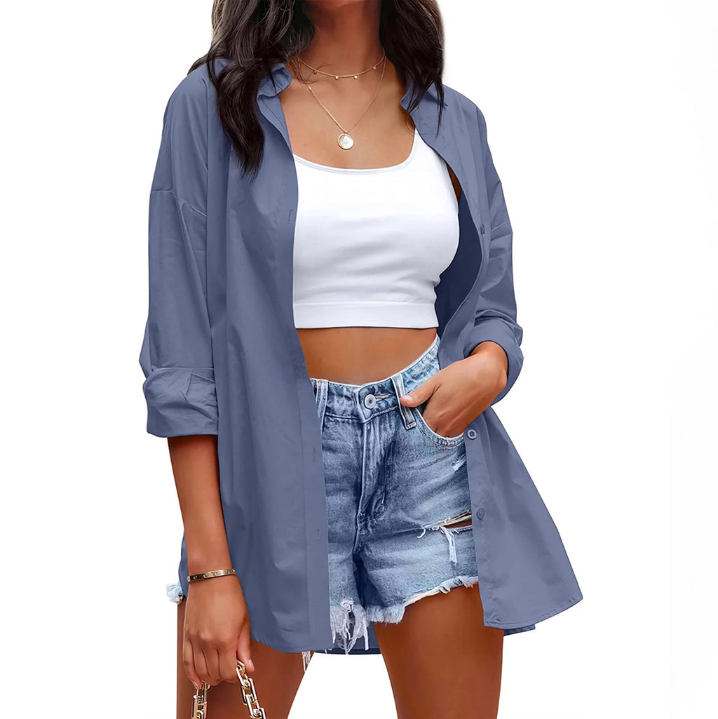 Women's casual linen blouse with long sleeves and button placket, size S