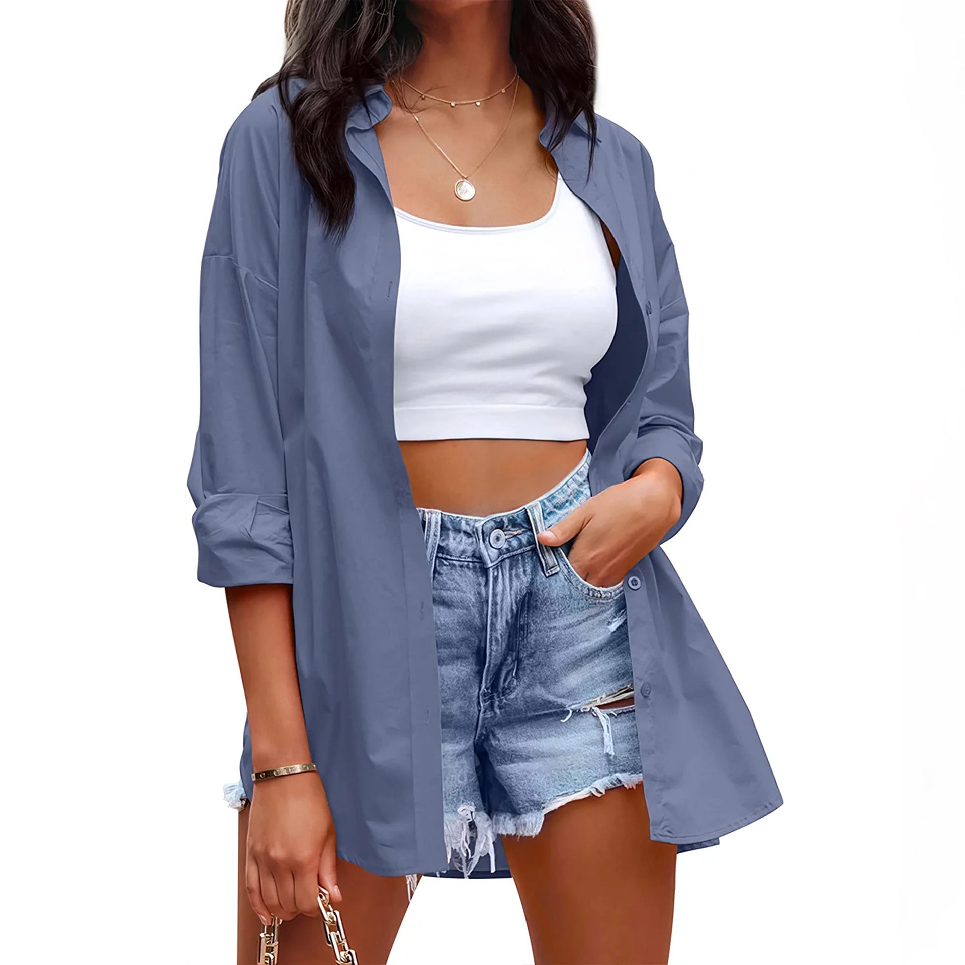 Damen lässige Leinenbluse mit langen Ärmeln und Knopfleiste GR