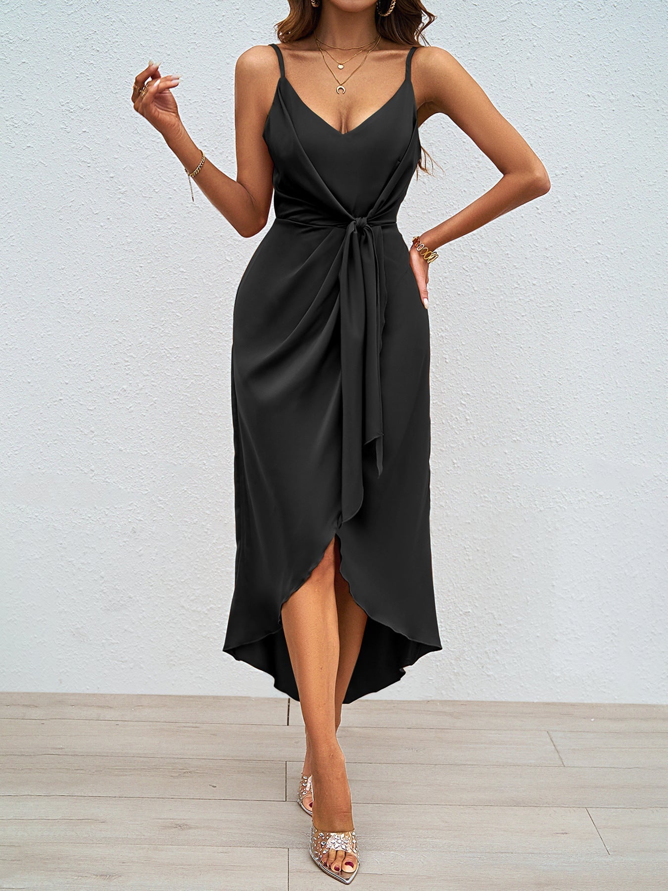 Women's wrap dress with elegant V-neck and playful slit, size