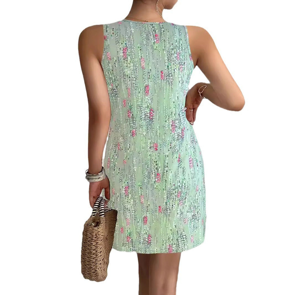 Damen ärmelloses Blusenkleid mit floralem Design und modischen Knopfdetails GR