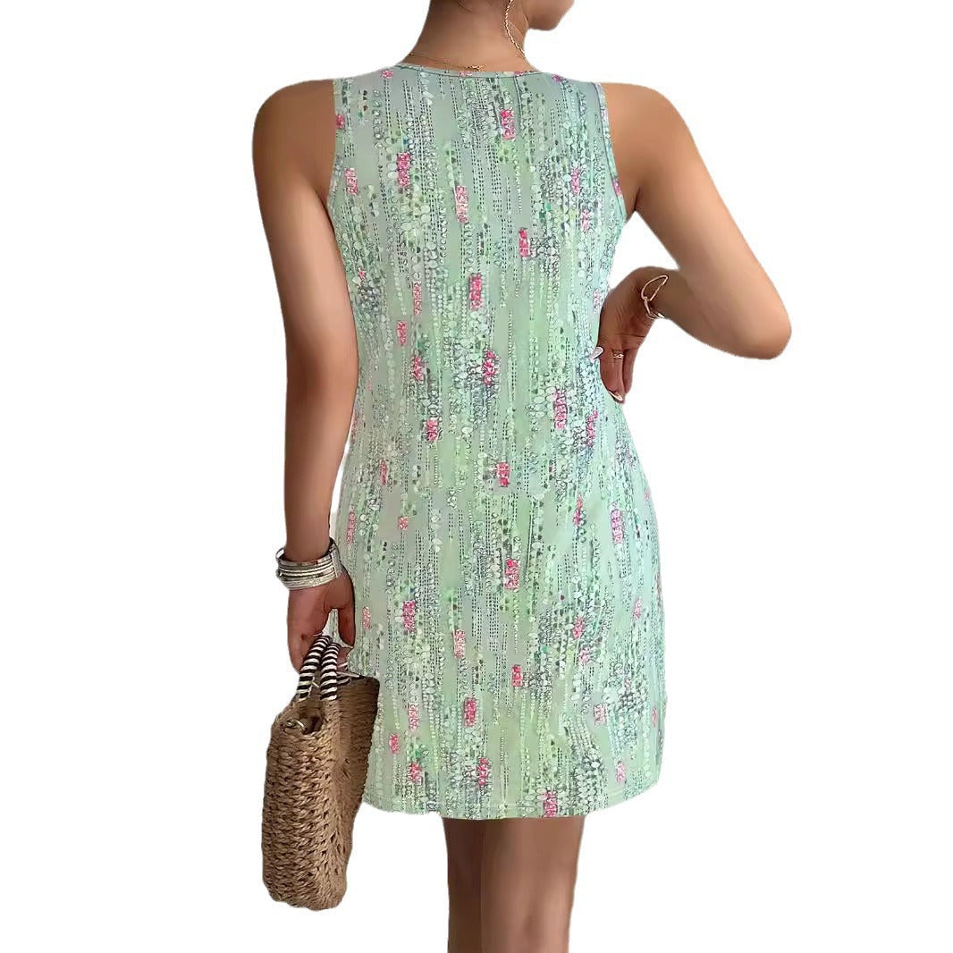 Damen ärmelloses Blusenkleid mit floralem Design und modischen Knopfdetails GR
