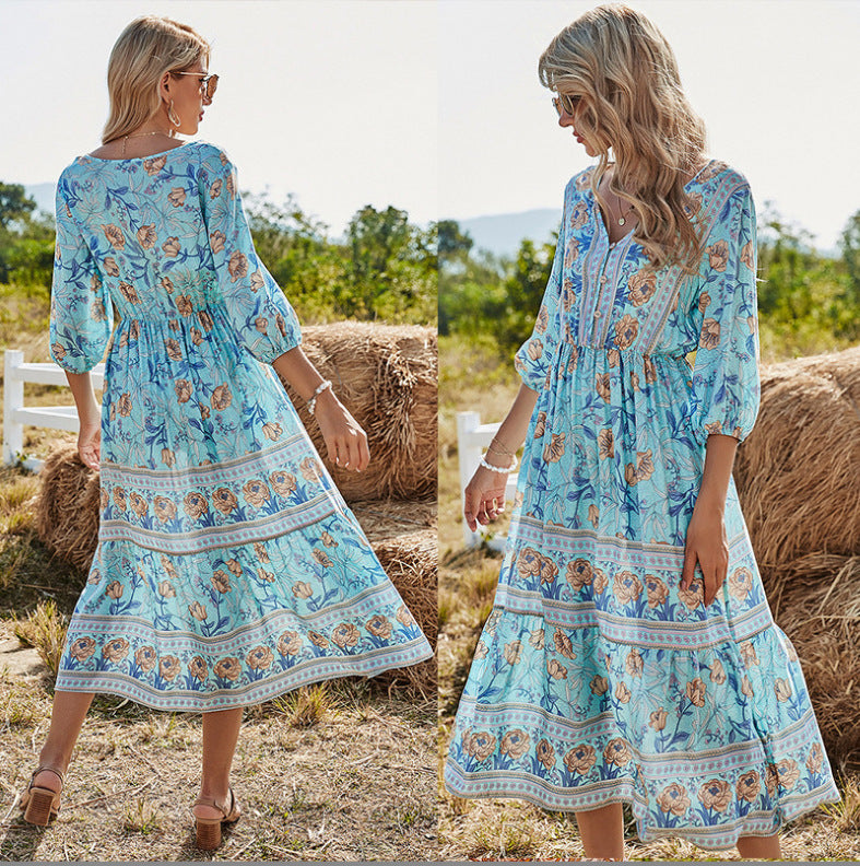 GR | Damen Midikleid mit V-Ausschnitt und Blumenmuster