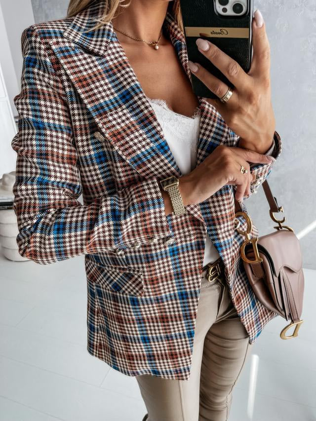 Women's stylish blazer jacket with double button placket and elegant silver details, size [size missing]