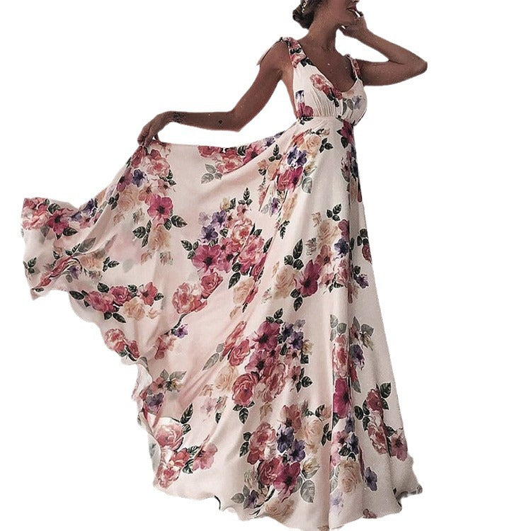 GR | Printed long-sleeved spaghetti strap dress with a wide hem