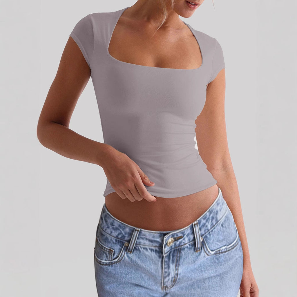 Women's fitted top with deep square neckline, size