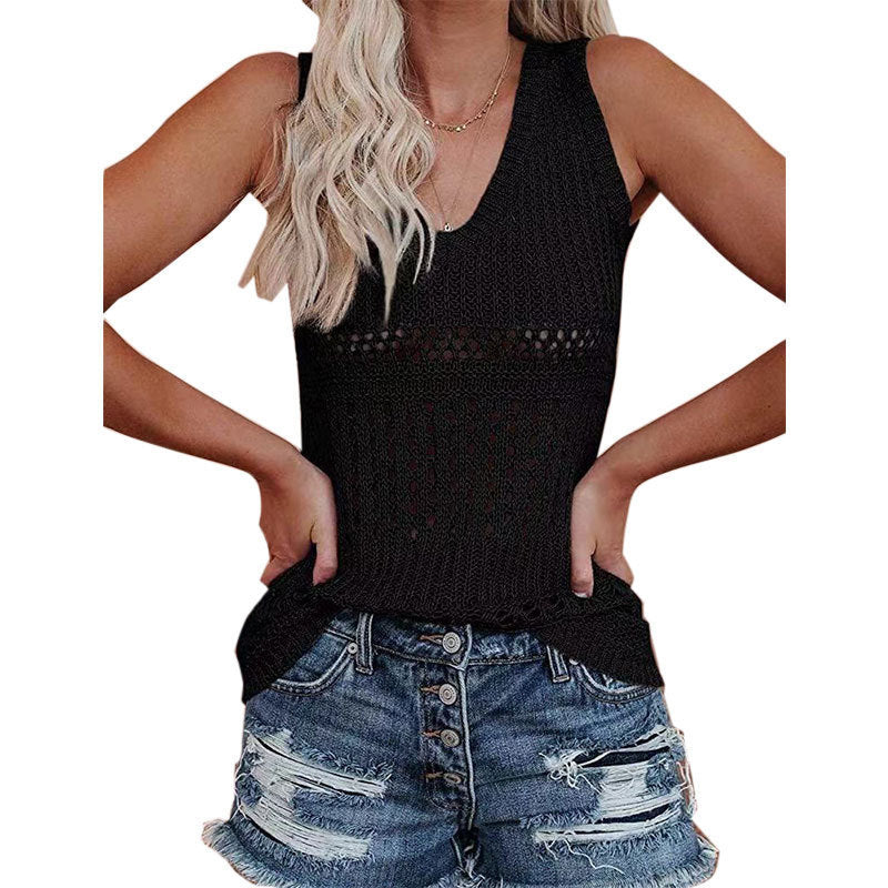 Damen luftiges Stricktop mit V-Ausschnitt und feinen Lochmustern GR