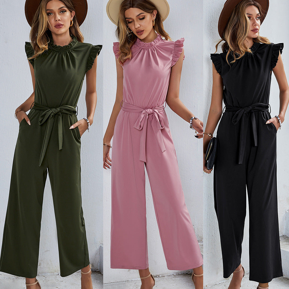 Women's elegant jumpsuit with ruffle details and adjustable belt, size S