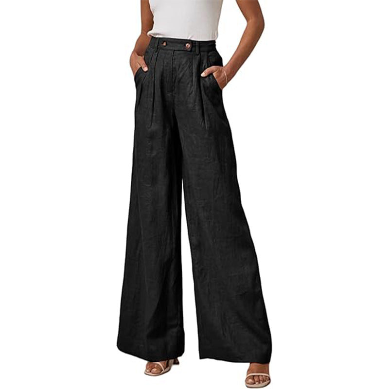 Women's elegant wide-leg linen trousers with a high waist and pleats, size