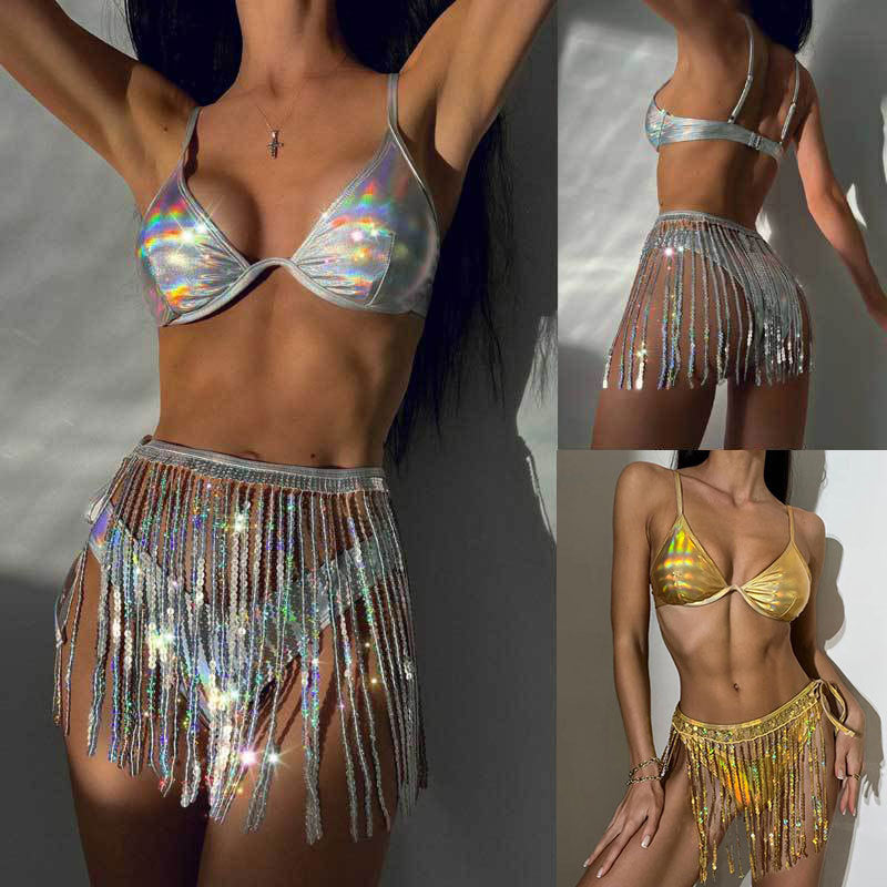 Women's Glittery Crop Top with Glitter Fringe Size