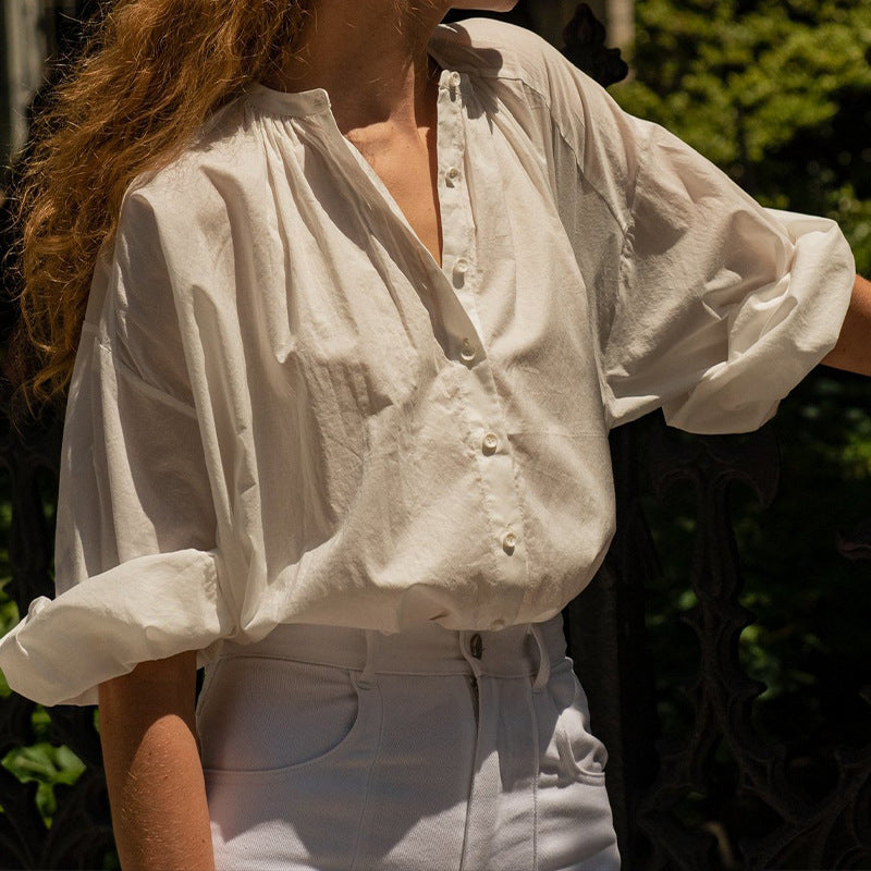 Women's blouse with high collar and elegant button placket, size