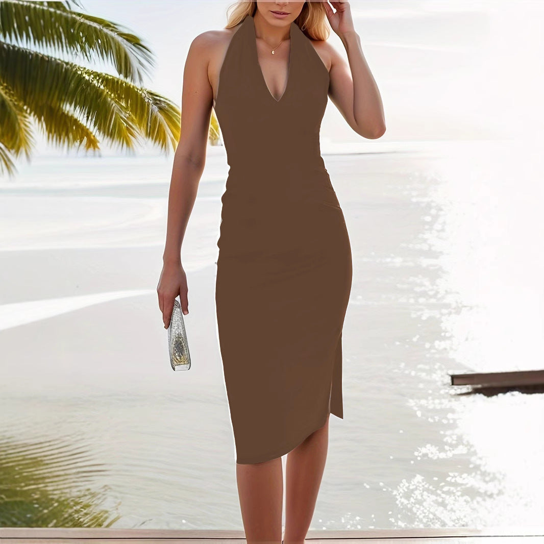 Women's elegant wrap dress with deep V-neck and figure-hugging cut, size S