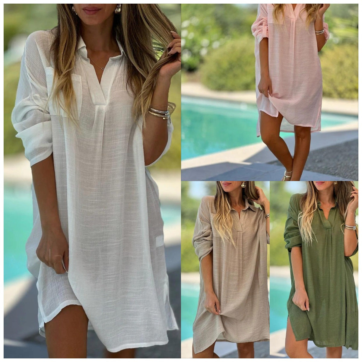 Damen luftiges Sommerkleid mit elegantem Stehkragen