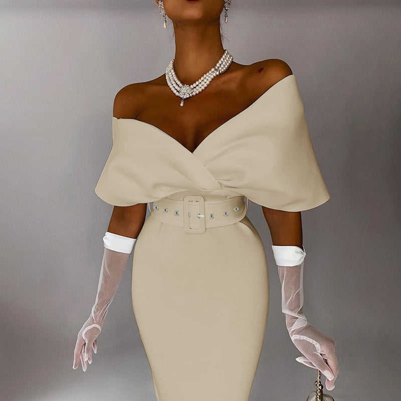 GR | Off-Shoulder Fitted Dress with Belt