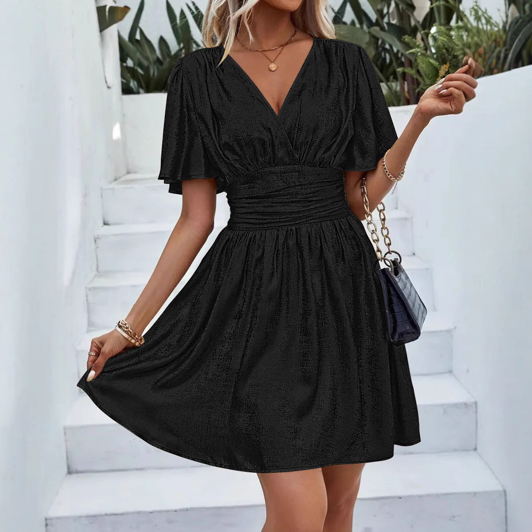 Damen Abendkleid mit schimmerndem V-Ausschnitt und voluminösen Ärmeln GR