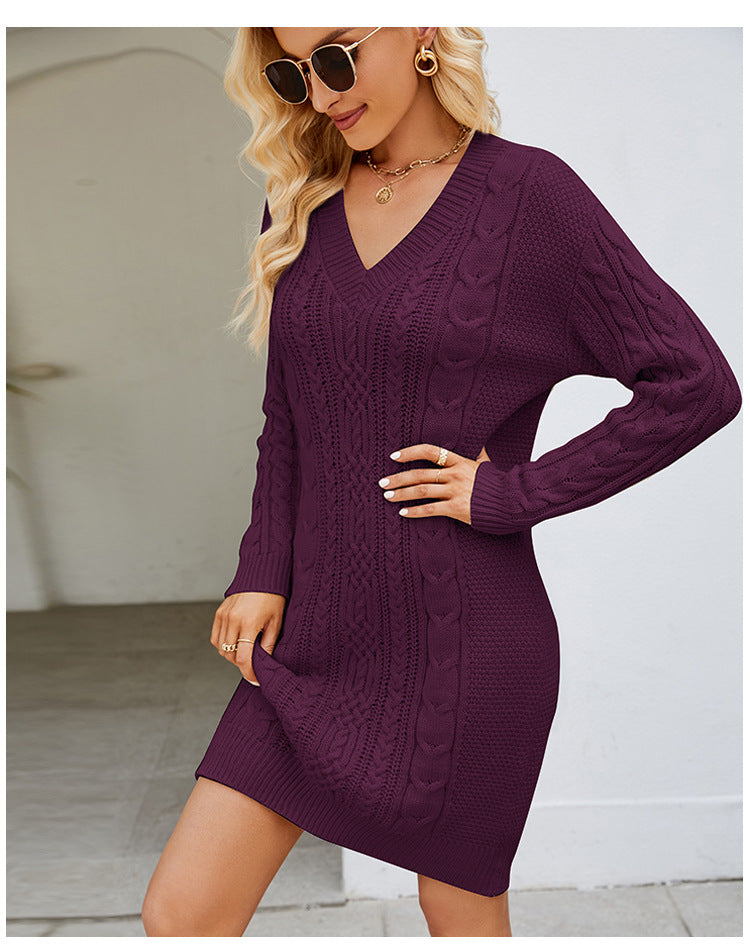GR | Solid color V-neck twirl knit dress 