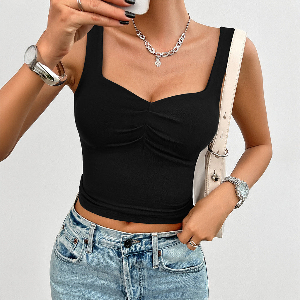 Women's cropped top with ruching and wide straps, size