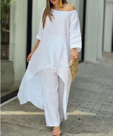 GR | Irregular cotton-linen wide leg two-piece set 